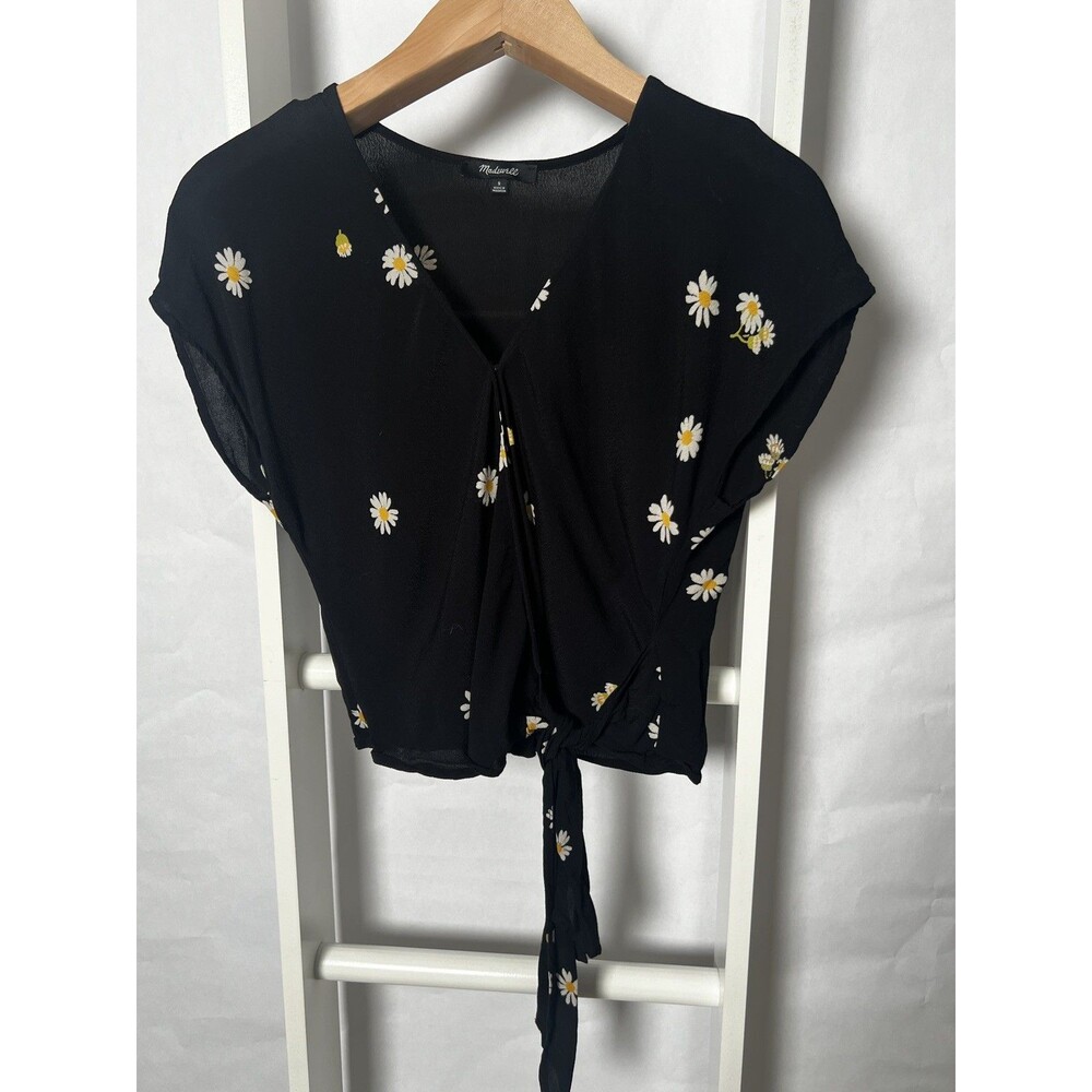 Madewell Print Daisy Blouse Womens S Black Short Sleeve Side Tie Faux Wrap NWOT